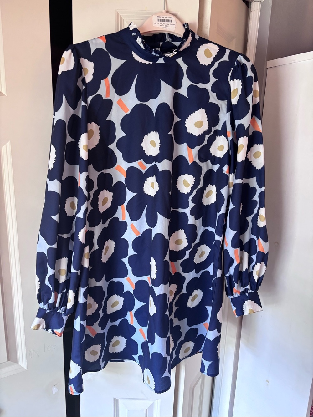 Smak Parlour Size XL Navy Mini Mod Floral Dress with High Neck balloon sleeves